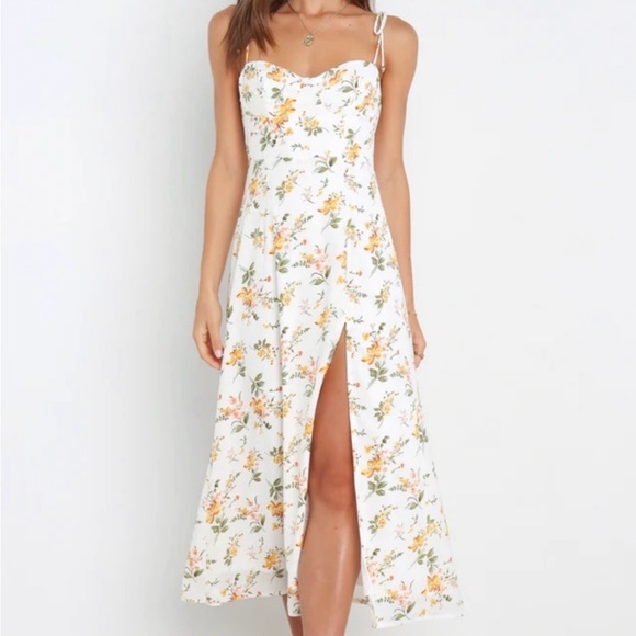 Petal & Pup Dresses & Skirts - Petal & Pup White Floral Midi Dress with Yellow Blooms